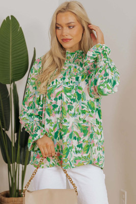 Green Leafy Printed Flounce Sleeve Shirred Mock Neck Blouse T543-8797466296562