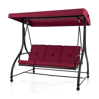 3 Seat Outdoor Porch Swing with Adjustable Canopy-Wine - Color: Rose Red D681-NP11065WIN