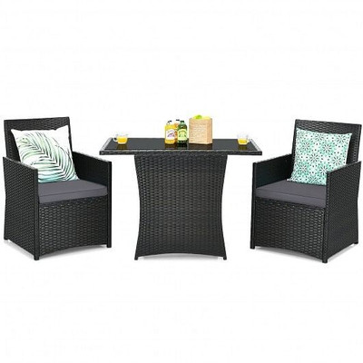 3 Pieces Patio Rattan Furniture Set with Cushion and Sofa Armrest-Gray - Color: Gray D681-HW68178GR