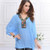 Embroidery V-neck Three-quarter Sleeves Casual Folk Style Women Top - Jeans Blue A392-fast0012