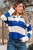 Blue Stripe Colorblock Polo Collar Eyelet Crochet Knitted Sweater T543-8783306522866