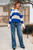 Blue Stripe Colorblock Polo Collar Eyelet Crochet Knitted Sweater T543-8783306522866
