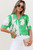Green Floral Ric Rac Edge Puff Sleeve Button Up Summer Shirt T543-8784201449714