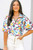 Peacock Blue Floral Print Slit V Neck Short Sleeve Blouse T543-8791250960626