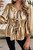 Gold Bow Tie Front Puff 3/4 Sleeve Ruffle Hem Blouse T543-8786260951282