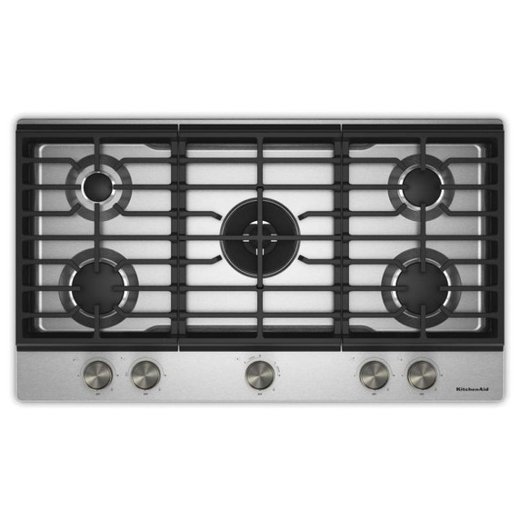 KitchenAid® 36  in. Gas Cooktop with 5 Burners and Integrated Wok Grate KCGK536SSS