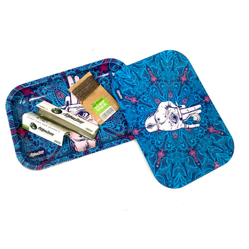 Blue with Purple Accents Afghan Hemp Magnetic Rolling Tray with Papers and Wick 9"