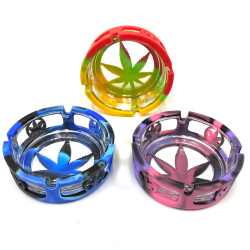 Pot Leaf Safety Glaashtray Glass and Silicone Ashtray 1 Count Assorted Colors 4.6"
