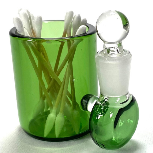 Green Large 3" Heady Hand Blown Glass Cotton Swab Q-Tip Holder / Alcohol ISO Station