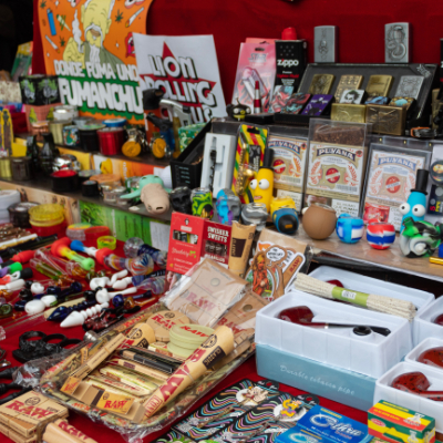 Assorted smoke shop accessories across price points