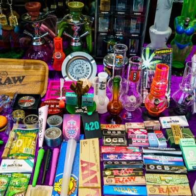 Wall of organized smoke shop accessories