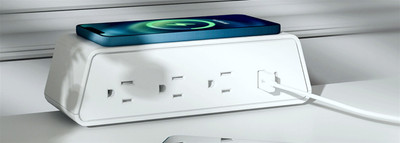 Desktop Qi Charging Power Module 3 Duplex USB A C Edge Clamp White