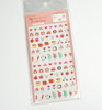 Sticker sheet from the Watashibiyori food-themed series, featuring rows of small illustrated icons in warm red and pink tones