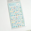 Sticker sheet from the Watashibiyori weather-themed series, featuring rows of small illustrated icons in cool blue tones
