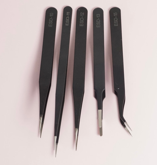 Anti-Static Tweezers - set of 5, tip close-up
