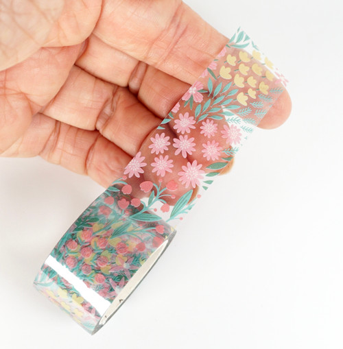 BGM Clear Tape - Colourful Flower - 20mm applied to hand, showing sheer finish
