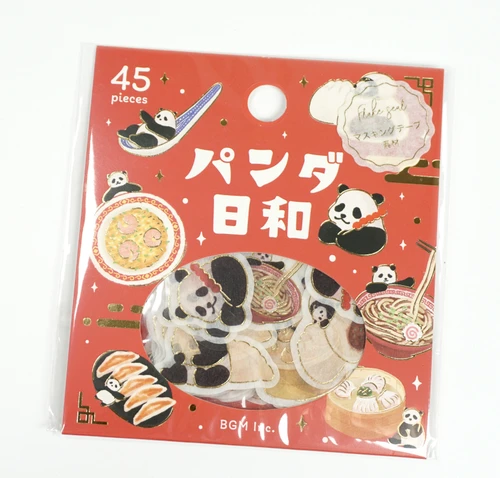 BGM Flake Stickers - Panda's Daily Life, Cooking Theme (45pc) - red packaging with pandas enjoying noodles, sushi and dumplings