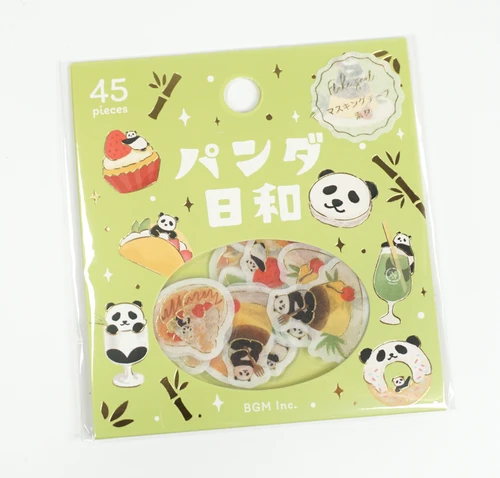BGM Flake Stickers - Panda Days, Tea Room Theme (45pc) - green packaging with pandas enjoying cupcakes, pancakes, donuts and cold drinks