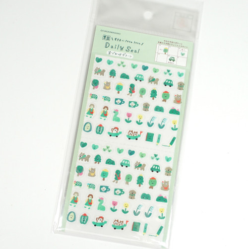 Sticker sheet from the Watashibiyori outing-themed series, featuring rows of small illustrated icons in fresh green tones