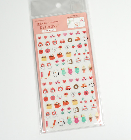 Sticker sheet from the Watashibiyori food-themed series, featuring rows of small illustrated icons in warm red and pink tones