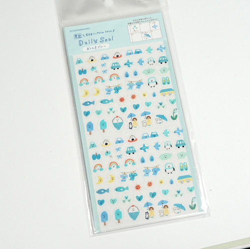 Sticker sheet from the Watashibiyori weather-themed series, featuring rows of small illustrated icons in cool blue tones