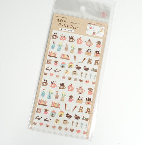 Sticker sheet from the Watashibiyori daily-life series, featuring rows of small illustrated icons in warm brown and beige tones