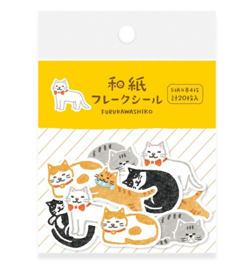 Washi flake sticker package featuring illustrated cats in orange, black, white, and gray, each wearing a bow tie