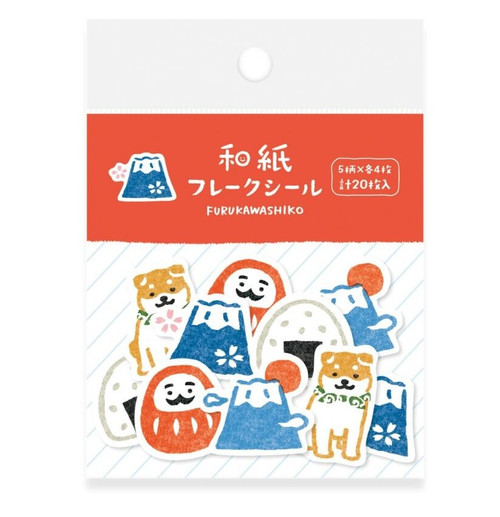 Washi flake sticker package featuring Japan-themed illustrations of Shiba Inu dogs, daruma dolls, and torii gates