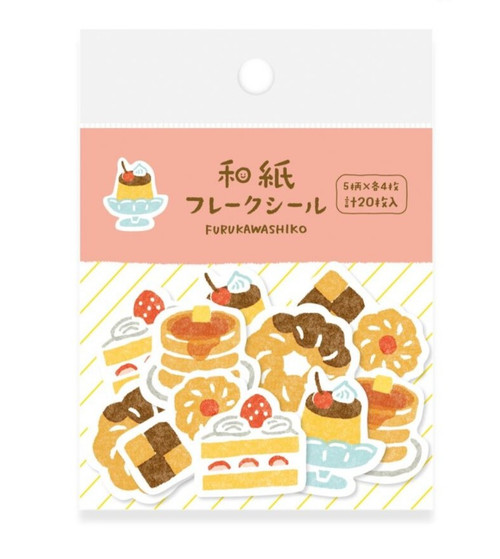 Washi flake sticker package featuring an assortment of illustrated cakes and dessert treats