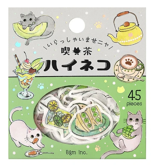 Gray Cat Welcome Meow washi flake sticker package, 45 pieces, featuring gray cats with green tea cafe treats