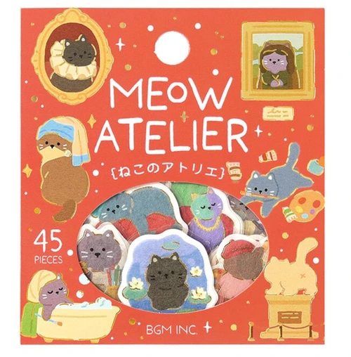 Cat's Atelier washi flake sticker package, 45 pieces, featuring cats as artists with framed portraits