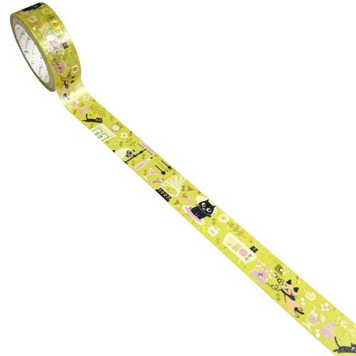 Uneven Cats washi tape roll featuring whimsical cat illustrations on yellow