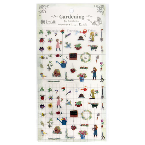 Gardening sheet stickers featuring plant, flower, and watering can badge-style seals