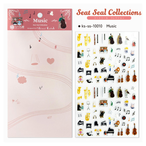 Music sheet stickers featuring musical instrument badge-style seals