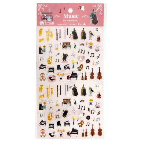 Music sheet stickers featuring musical instrument badge-style seals
