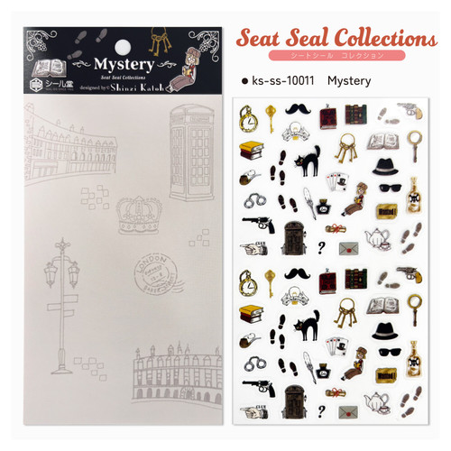 Mystery sheet stickers featuring detective and noir-themed icons in black and gold