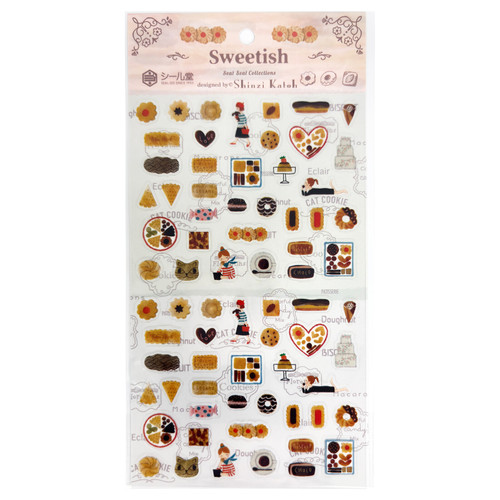 Sweetish sheet stickers featuring sweets and dessert badge-style seals
