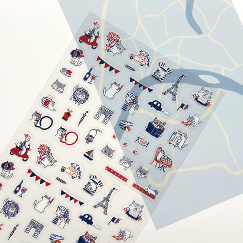 Chignon sheet stickers featuring cats in a Parisian travel theme, by Seal-do Printing