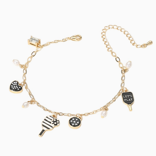 Lets Play Message Enamel Pickleball Pearl Charm Bracelet-Black