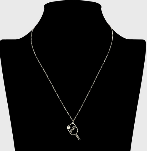 Brass Metal Pickleball Pendant Necklace Rhodium