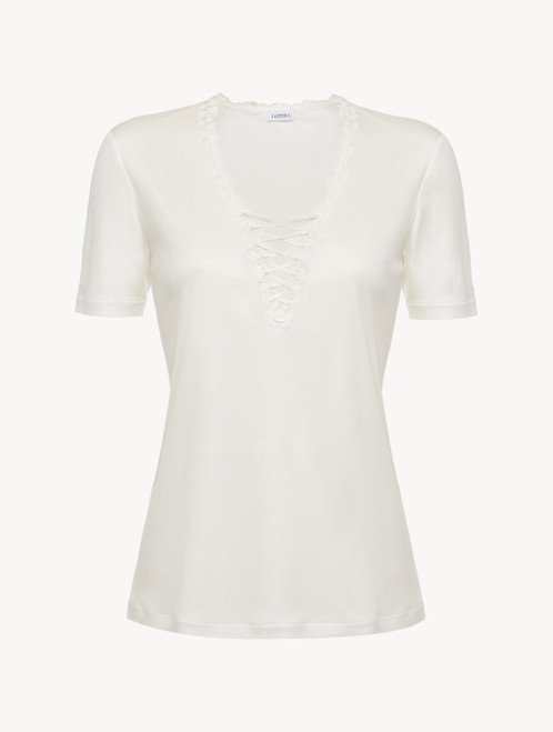 T-Shirt in Offweiß aus Modal und besticktem Tüll_0