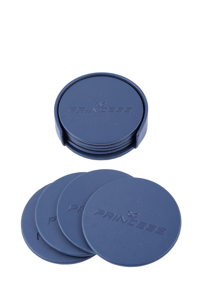 Leather Round Coaster Set with Holder (Navy Blue)