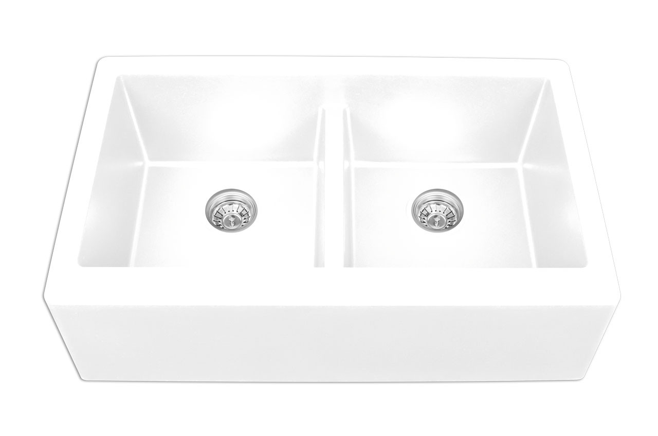 Karran Double Equal Bowl Apron Front Kitchen Sink White Finish 34 X 21 1 4 Floor Model Display