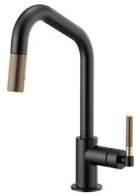 Brizo Litze Kitchen Pull Down Faucet with Angled Spout and Knurled Handle Matte Black/Luxe Gold Finish