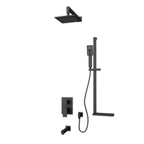 Rubi Quatro Pressure Balanced Shower Kit with Square Sliding Bar with Hand Shower, Square Shower Head, Vertical Shower Head, Wall Mounted Bathtub Spout, and Square Elbow Connector with Water Outlet Black