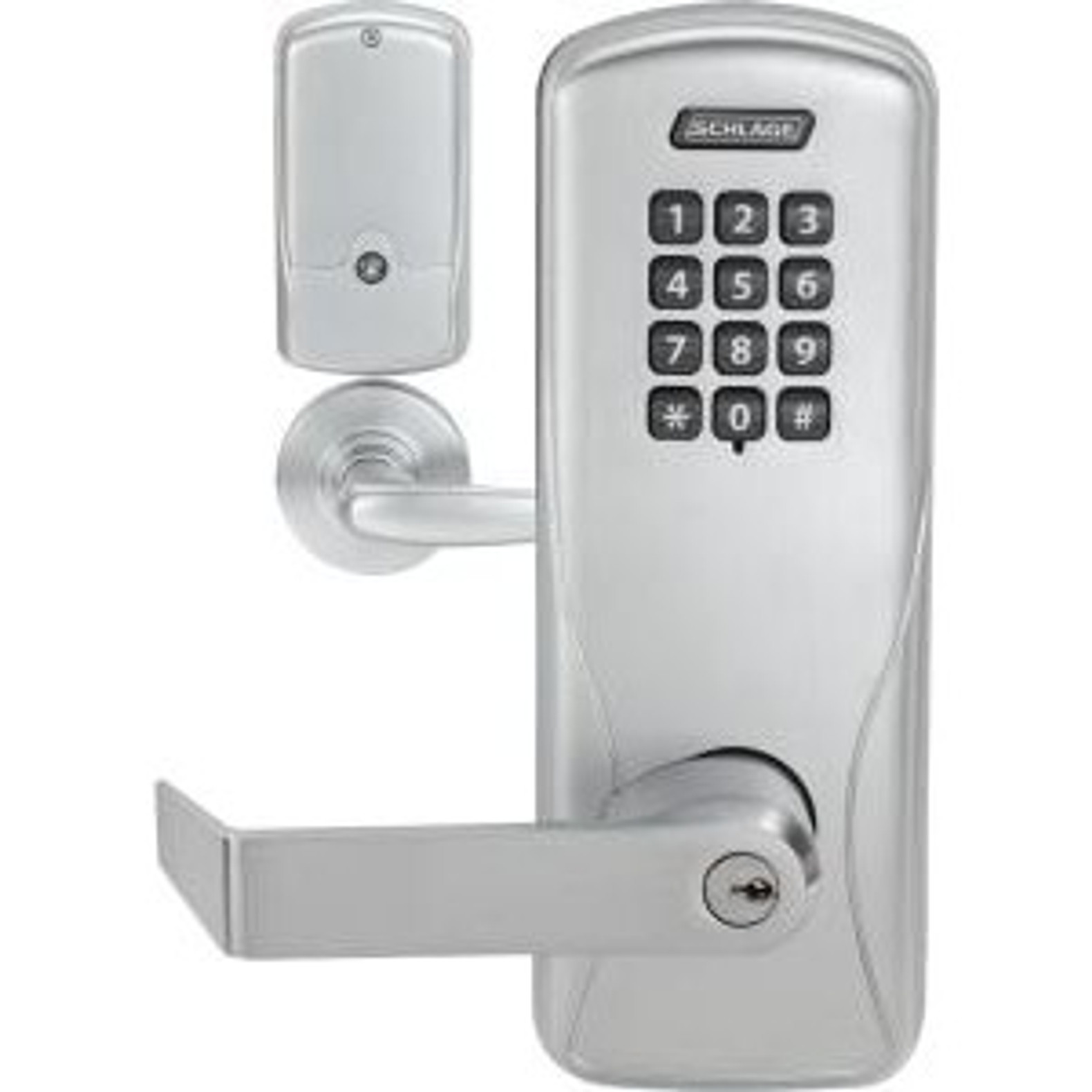 Schlage Electronics CO100CY70 KP RHO 626 JDCO6 CO-100 Standalone Classroom Electronic Cylindrical Lock Keypad Reader, Rhodes Lever, LFIC, Satin Chrome