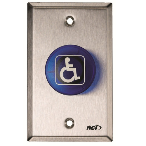 RCI 906-BH-TD Handicap Button, Blue with Handicap Logo, Time Delay, Satin Stainless Steel RCI 906-BH-TD Handicap Button, Blue with Handicap Logo, Time Delay, Satin Stainless Steel