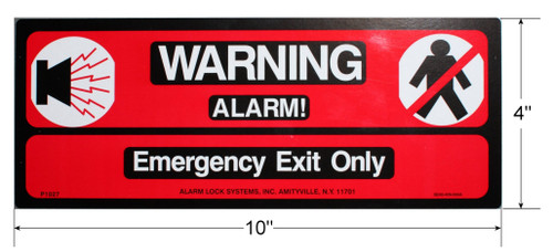 Alarm Lock P1027 Rectangle Sign Decal Warning- Alarmed Emergency Exit only Red/Black/White Coloring