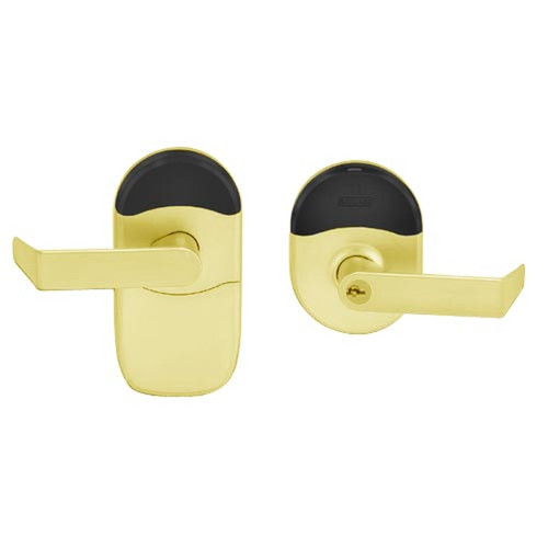 Schlage NDEBP RHO 605 Mobile Enabled Wireless Cylindrical Storeroom Lock Rhodes Lever with ENGAGE Technology in Bright Brass Standard Key Override