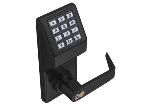 Alarm Lock DL2700 US19 Grade 1 Pushbutton Cylindrical Lock, 100 Users, Straight Lever, Weatherproof, Flat Black Powder Coated Finish
